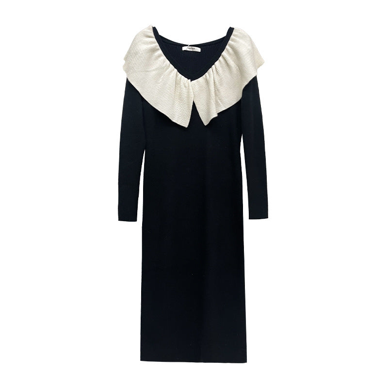 Clashing Color Lotus Collar Casual Dress