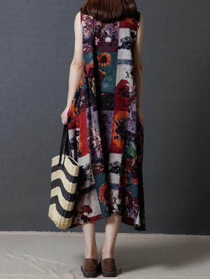 Red Printed Sleeveless Long Dress
