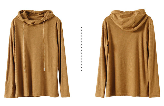 Solid Color Pit Striped Hooded Loose T-Shirt