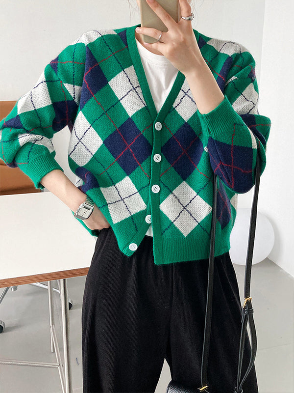 Retro Plaid Print V-Collar Casual Sweater