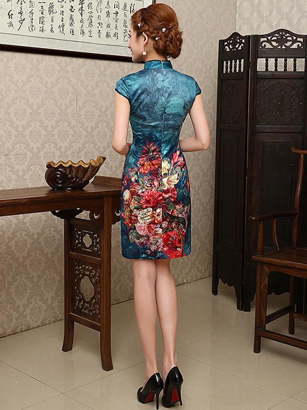 Blue Floral Short Cheongsam Dress