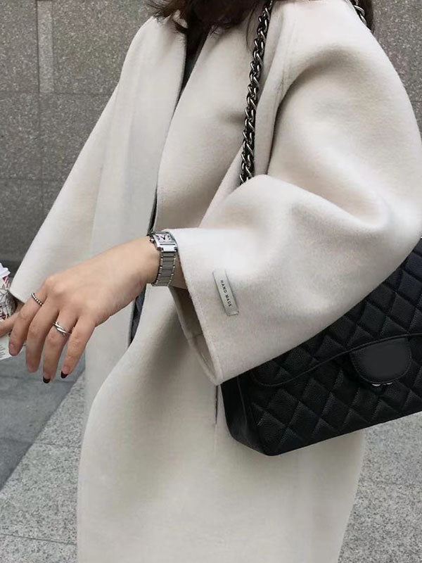 Long Sleeves Loose Solid Color Collarless Woolen Coat