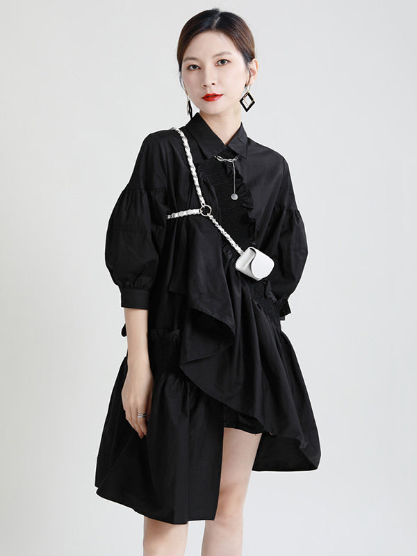 Stylish Asymmetric Falbala Split-Joint Half Sleeves Lapel Mini Dress