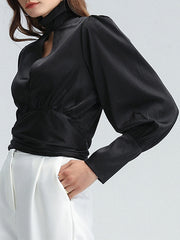 Backless Hollow High-Neck Solid Blouse