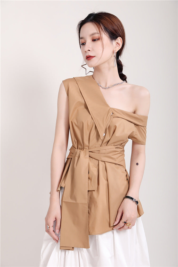 Women Lace Up Big Bow Irregular Slanted Shoulder Shirt
