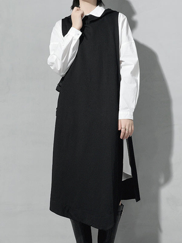 Long Irregular Hooded Black Knitted Vest Top