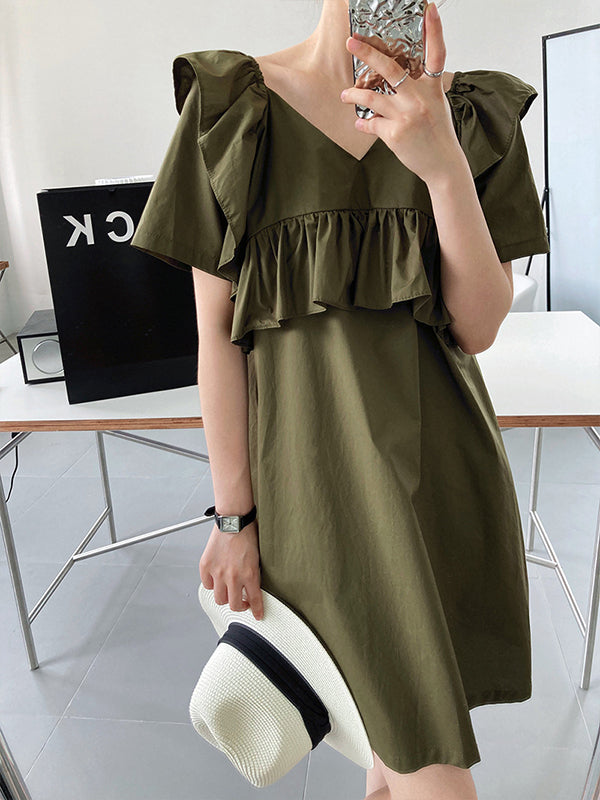 Retro Ruffled Loose Square Collar Dress