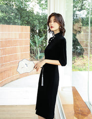 Vintage Stand Up Collar Black Seven Part Sleeve Cheongsam Maxi Dress
