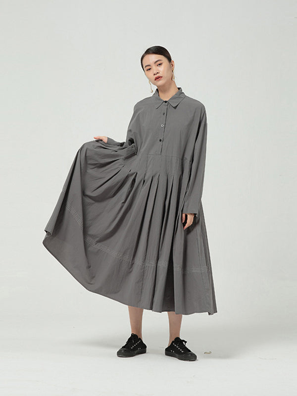 Solid Color Long Sleeve Pleated Maxi Dress