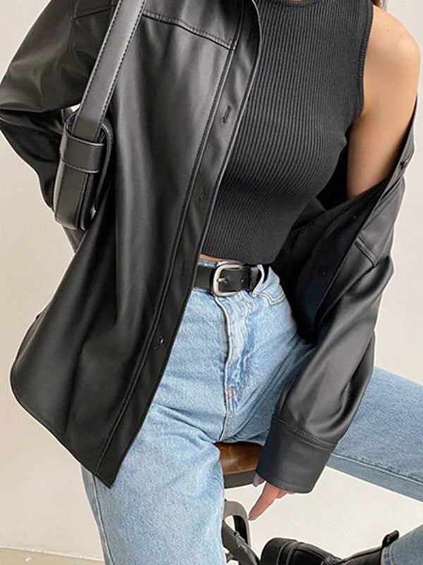 Simple Single-Breasted Leather Coat