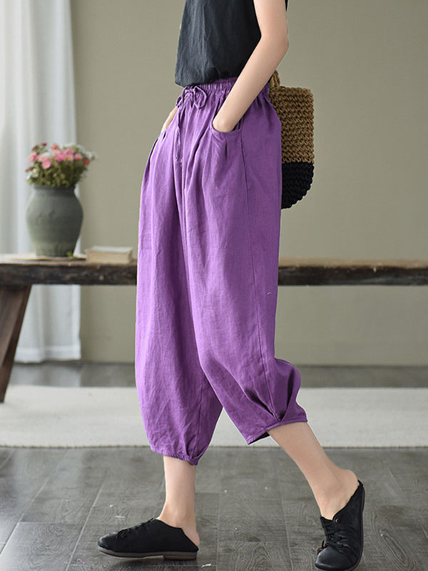 Artistic Retro Drawstring Elasticity Solid Pants