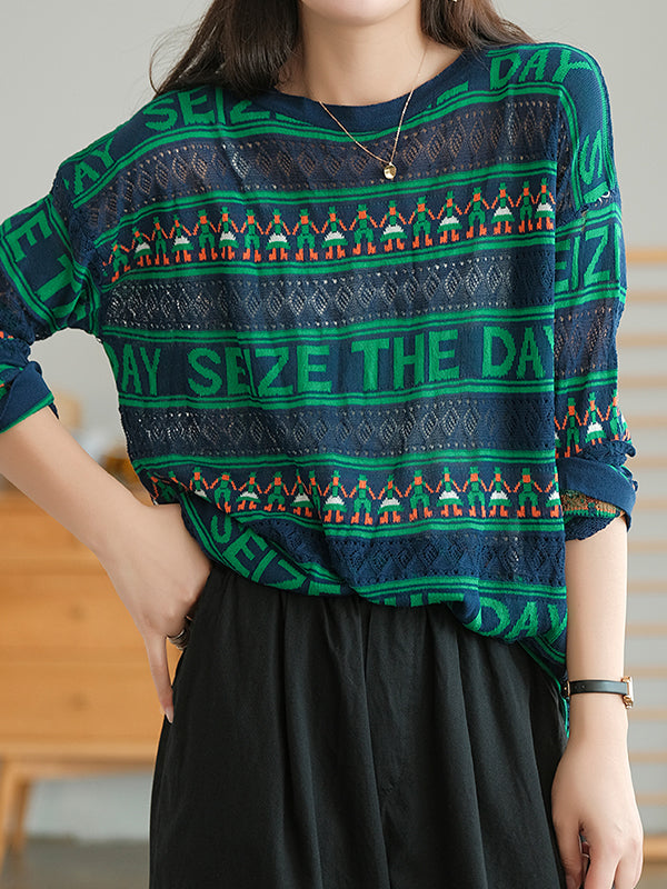 Loose Printed Round Neck Long Sleeve Knitted Top