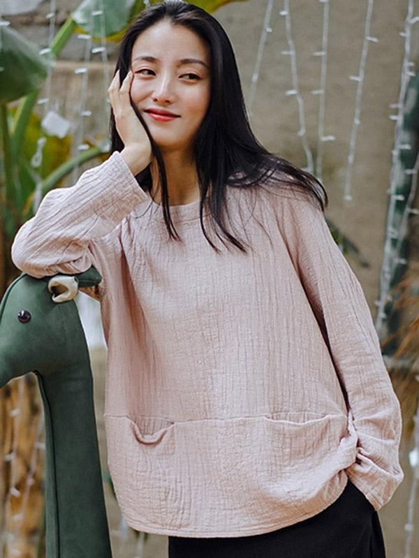 Loose High-Low Pleated Round Neck T-Shirt