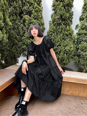 Puff Sleeves Solid Summer Short Sleeves Midi Dress