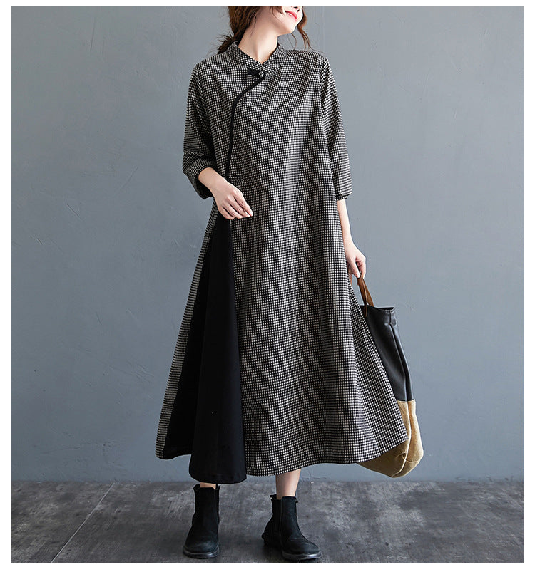 Loose Solid Color Half-Sleeve Cheongsam Midi Dress
