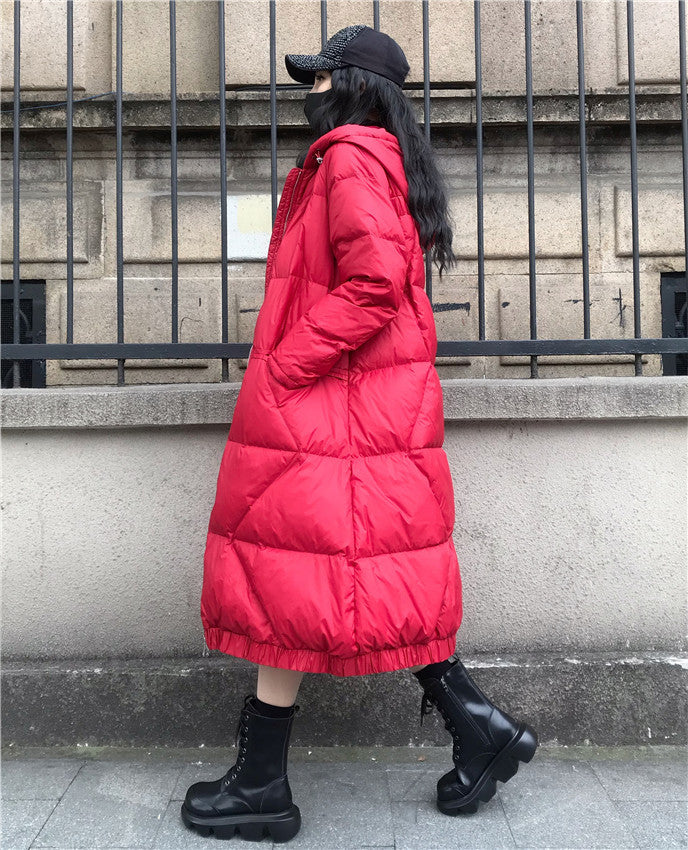 Large Size Loose Mid-Length Thick Hooded Down Coat