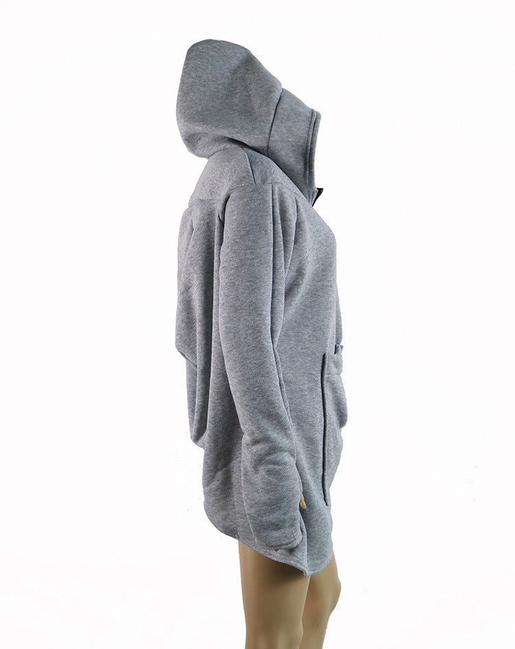 Irregular Hooded Zipper Plus Fleece Sweatshirt