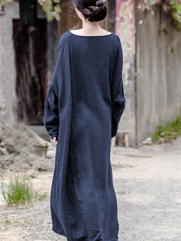 Red&Blue Round-neck Ramie Cotton Long Dress