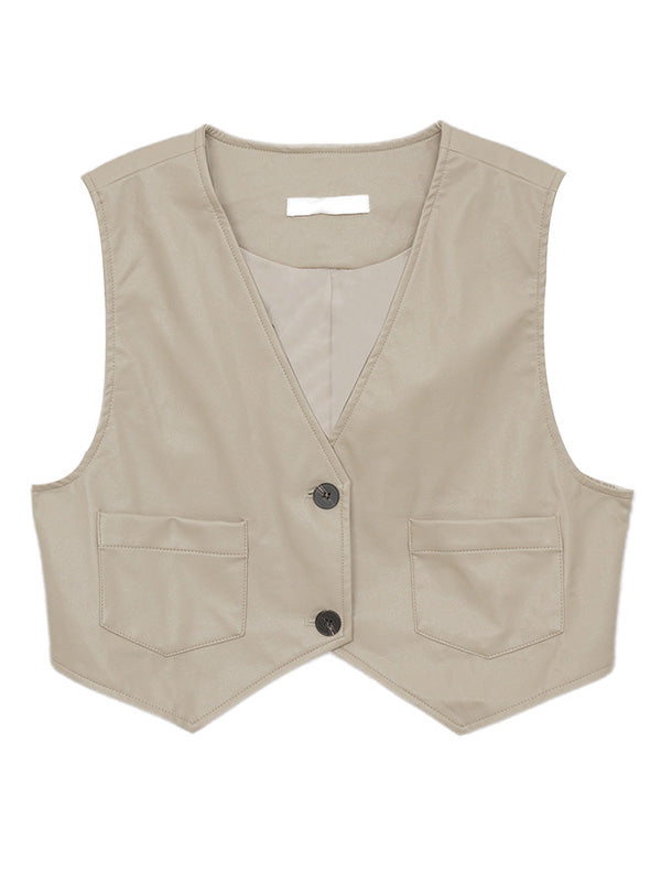 Retro Sleeveless V-Neck Pu Waistcoat