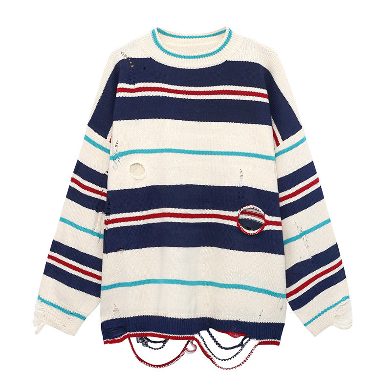 Ripped Casual Striped Knitted Sweater