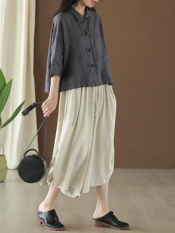 Casual Retro Lapel Frog Linen Shirt Top