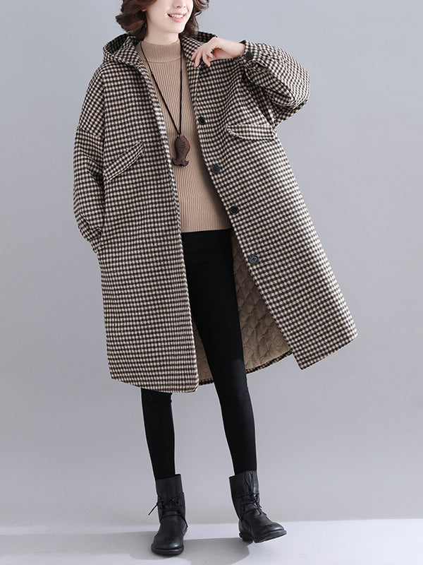 Loose Plaid Hooded Quilted Coat