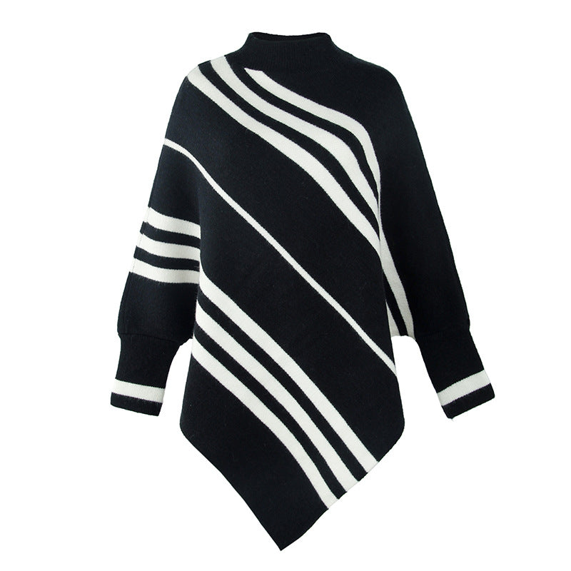 Casual Striped Knitted Round-Neck Shawl Sweater