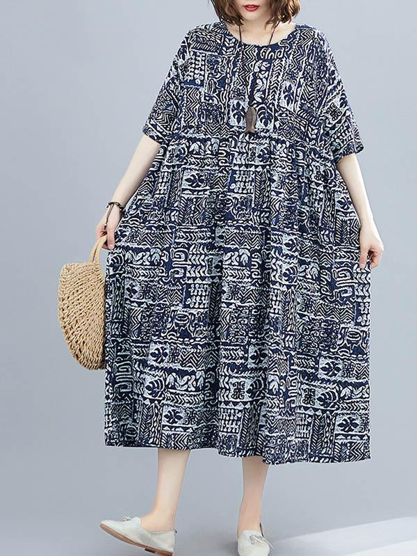 Plus Size Loose Simple Print Midi Dress