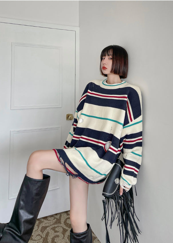 Ripped Casual Striped Knitted Sweater