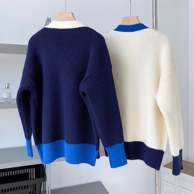 Knit Contrast Color Loose Sweater Coat