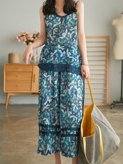 Retro Floral Printed Sleeveless Wide Leg Suit