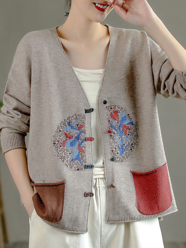 Retro Embroidered Buckle V-Neck Sweater