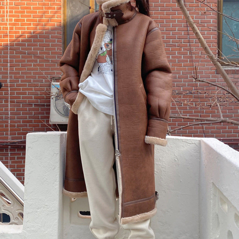 Retro Stand Collar Zipper Loose Long Casual Coat