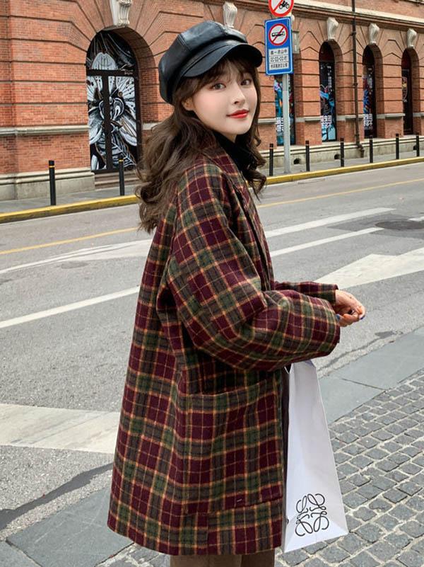 Plaid Suit Collar Short Casual Woolen Coat