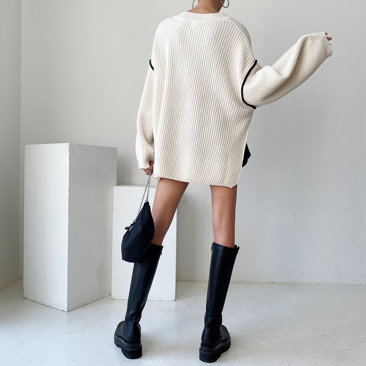 Spliced Side Slit Knit Sweater