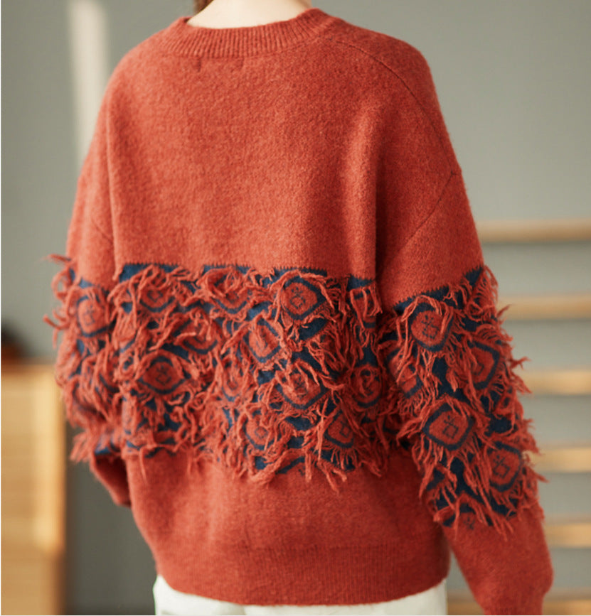 Vintage Jacquard Tassel Round Neck Knitted Loose Sweater