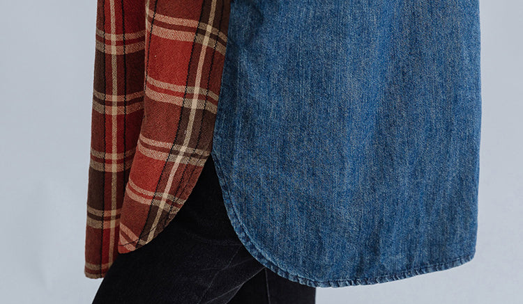 Literary Denim Plaid Stitching Mid-Length Shirt