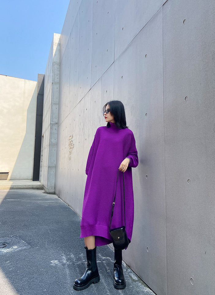 Long Sleeve Loose Sweater Dress With Irregular Splits