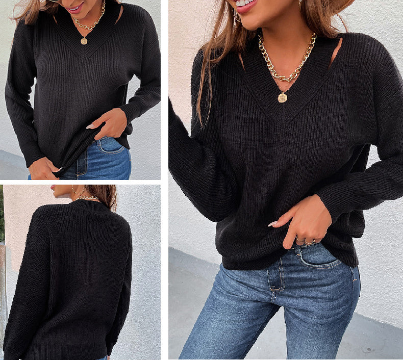 Classic Solid Color Knit V-Neck Sweater