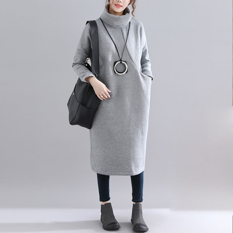 Loose Solid Color Turtleneck Midi Dress