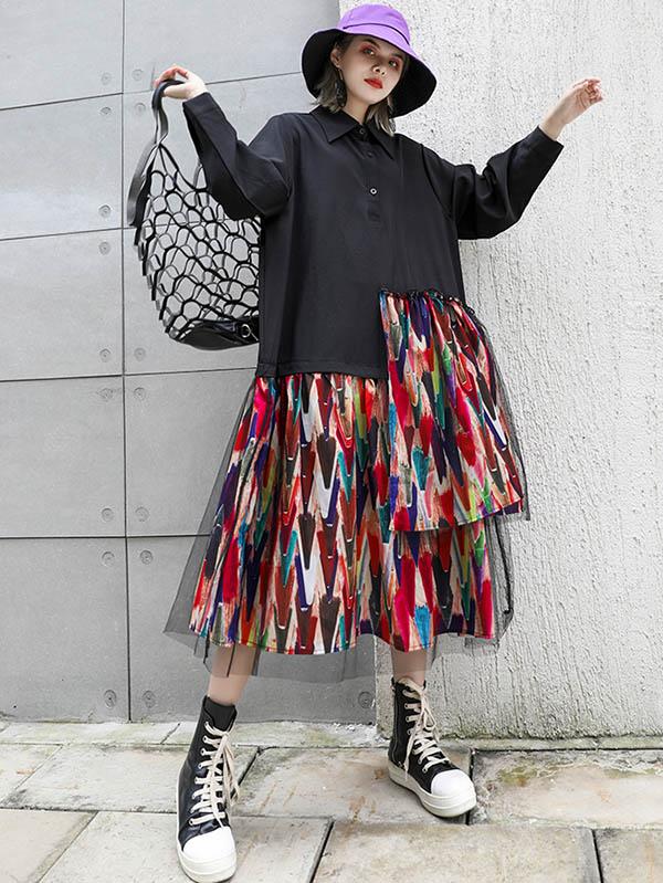 Colorful Printed Cropped Split-Joint Midi Dress