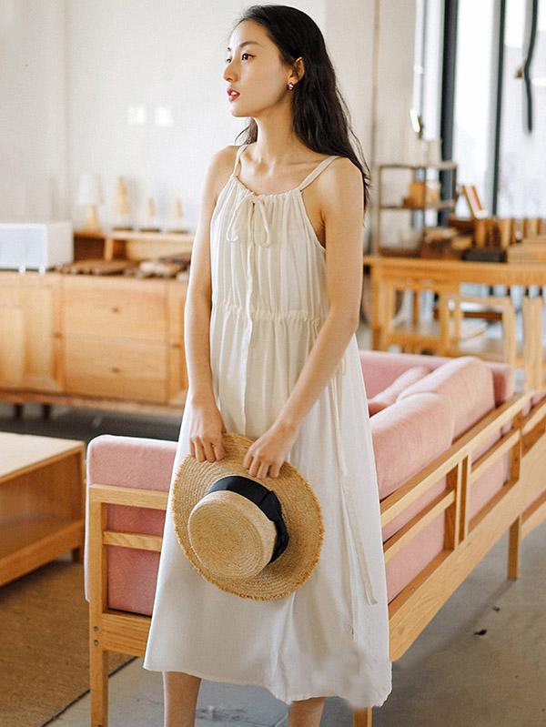 Solid Pleated Sleeveless Casual Dress