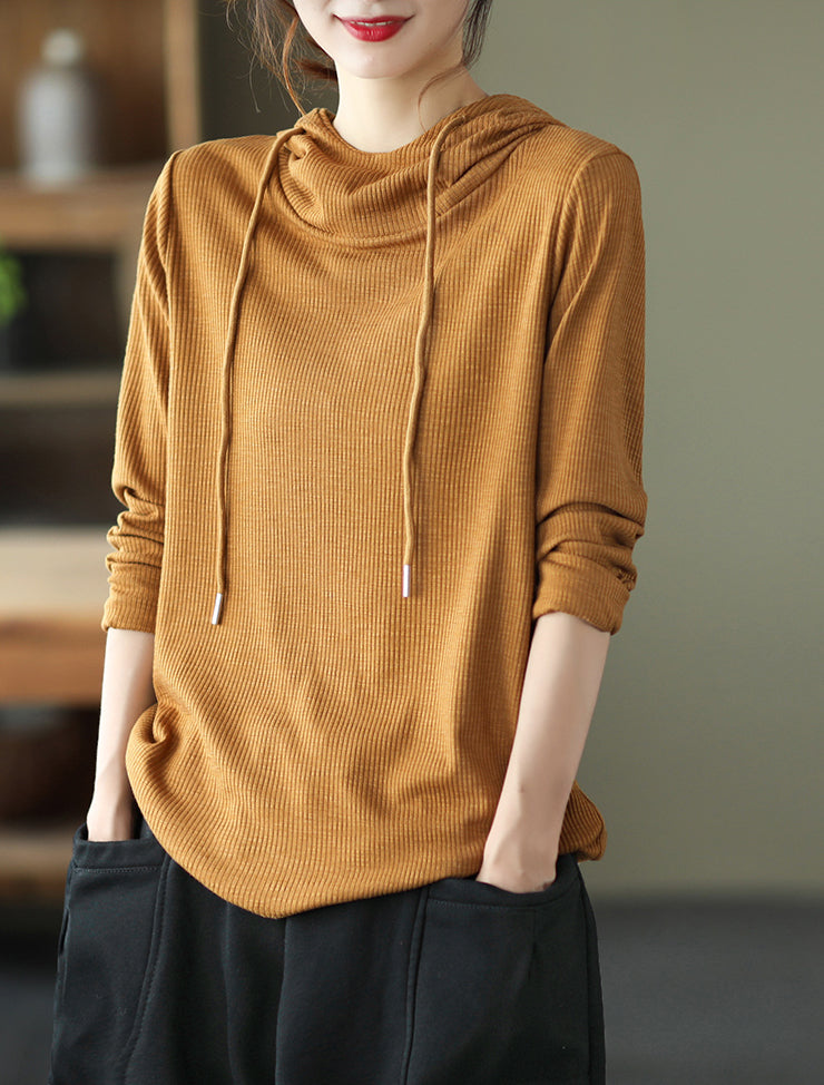 Solid Color Pit Striped Hooded Loose T-Shirt