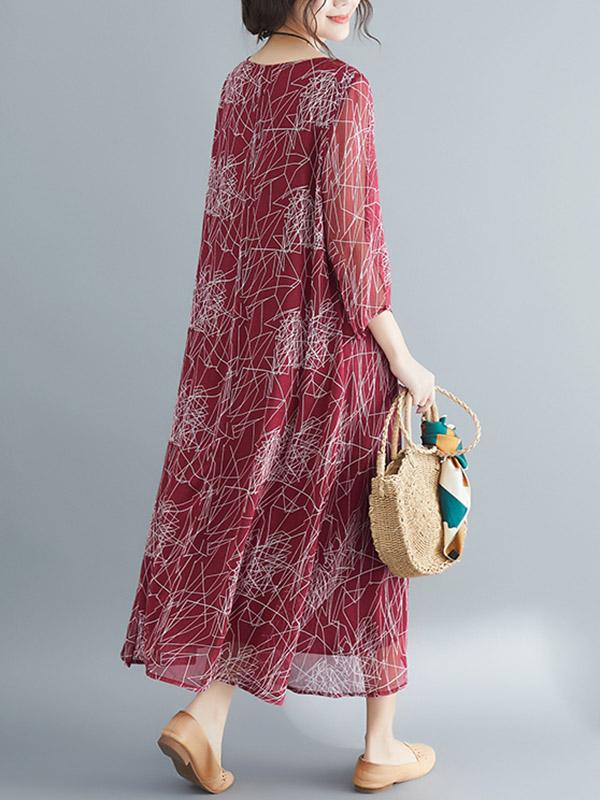 Loose Print Vintage Round Neck Dress