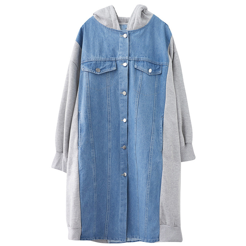 Large Size Hooded Denim Stitching Mid-Length Coat