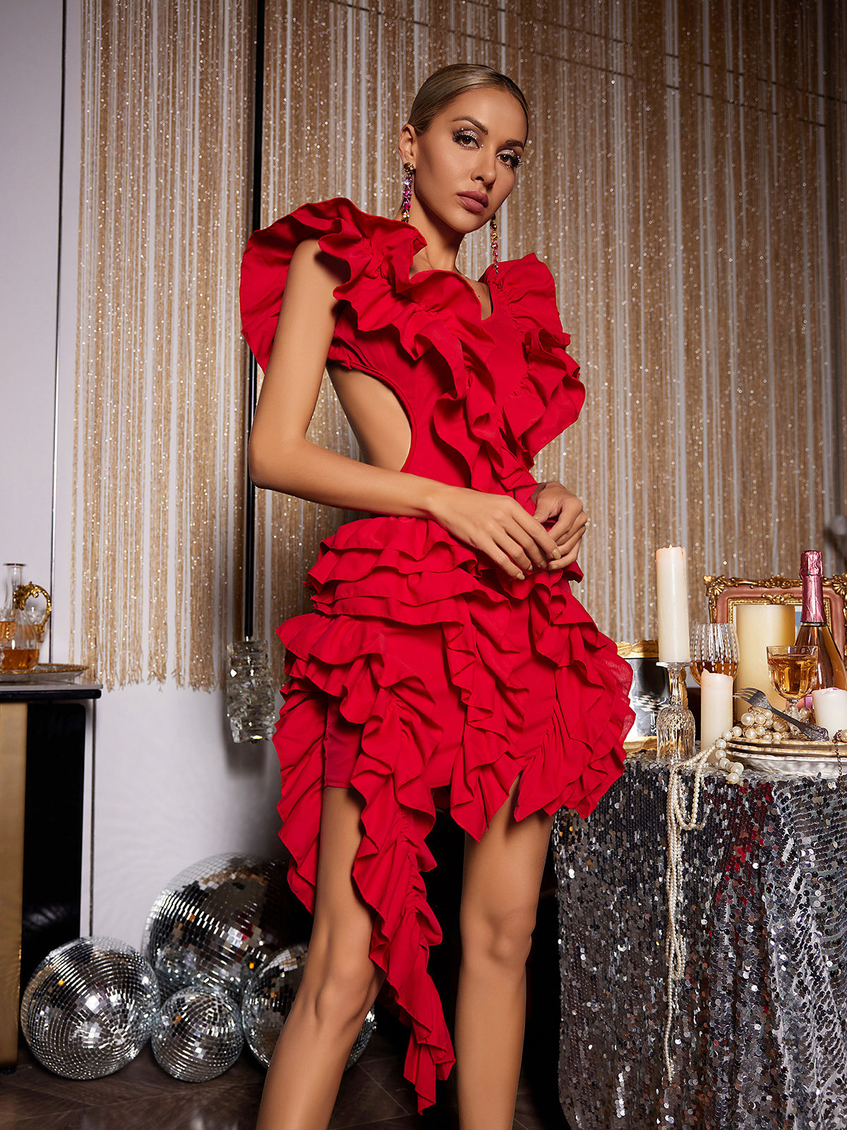 Margie Cutout Ruffle Tiered Dress In Red