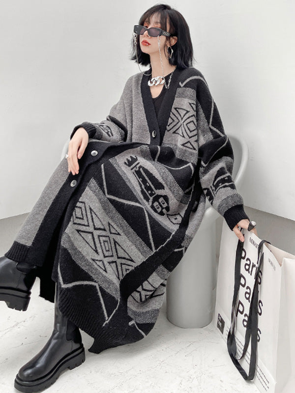 Urban Roomy Knitting Asymmetric Jacquard Cardigan Coat