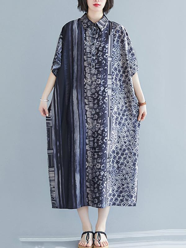 Vintage Loose Splicing Print Lapel Dress