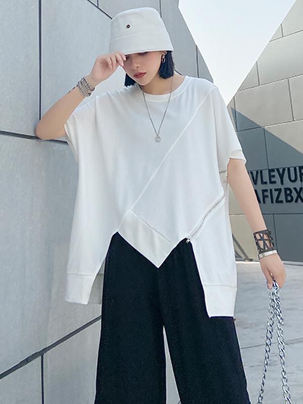 Asymmetric Split-Joint Round-Neck T-Shirt