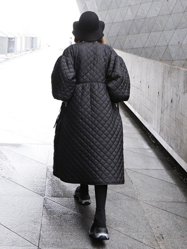 Vintage Oversize Lantern Sleeves Rhombus Plaid Cotton Padded Coat